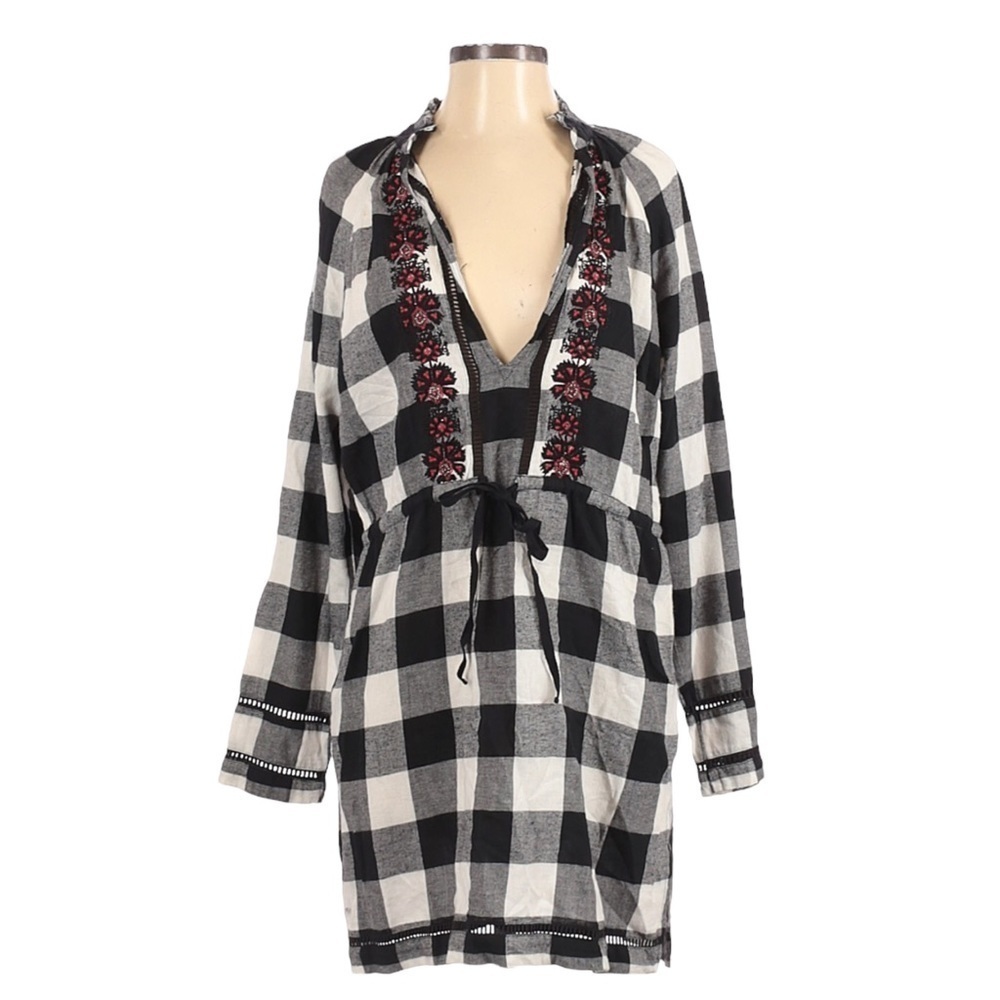 Christophe Sauvat Embroidered Plaid Tunic Dress S Black White Red Boho Check